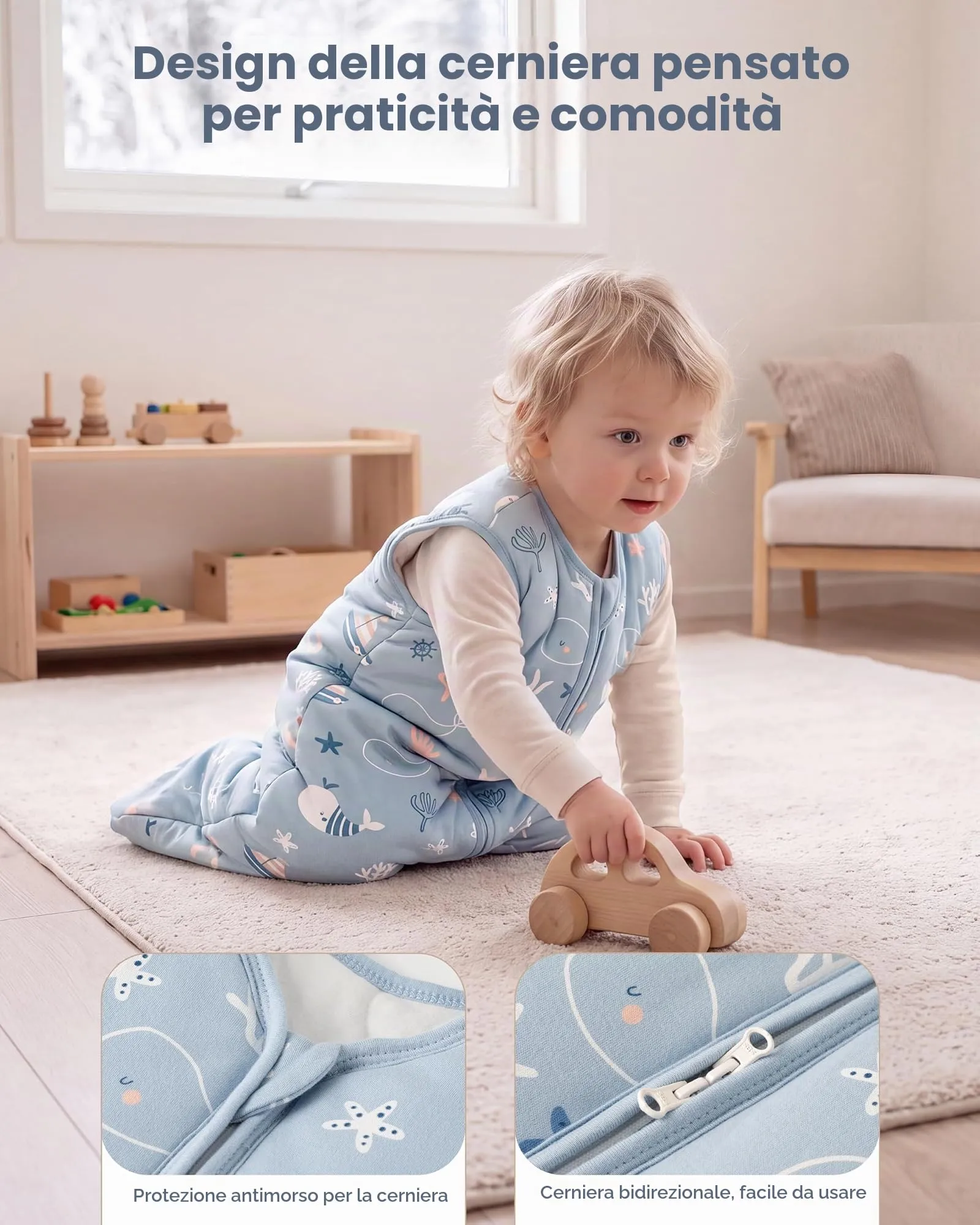 FIEMOL Sacco Nanna Invernale 2.5 TOG, 0-6 Mesi, Cotone Traspirante, Balena Blu - immagine 2