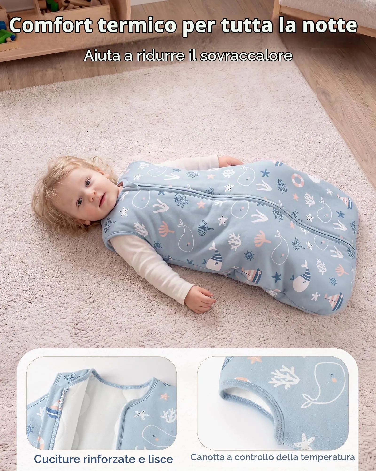 FIEMOL Sacco Nanna Invernale 2.5 TOG, 0-6 Mesi, Cotone Traspirante, Balena Blu - immagine 4