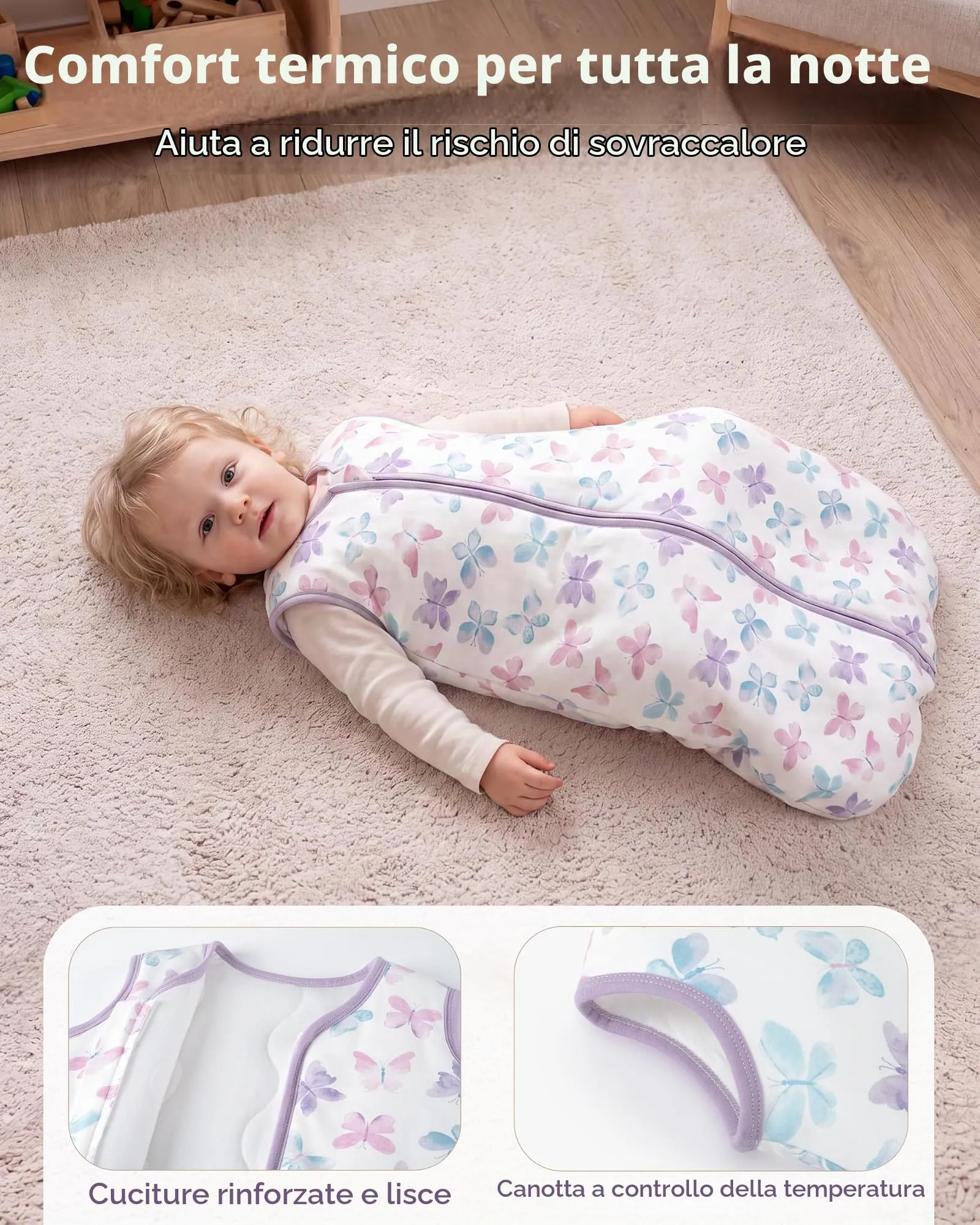 FIEMOL Sacco Nanna Invernale 2.5 TOG, 0-6 Mesi, Cotone, Farfalla Viola - immagine 4