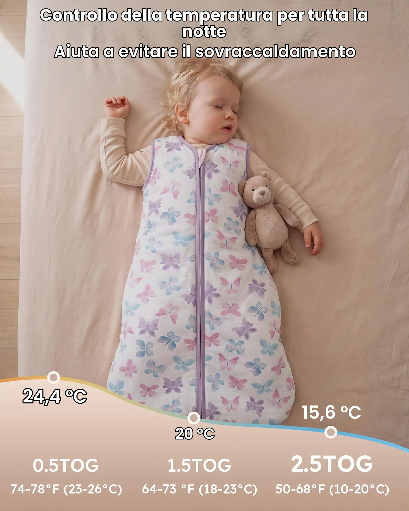 FIEMOL Sacco Nanna Invernale 2.5 TOG, 0-6 Mesi, Cotone, Farfalla Viola - immagine 8