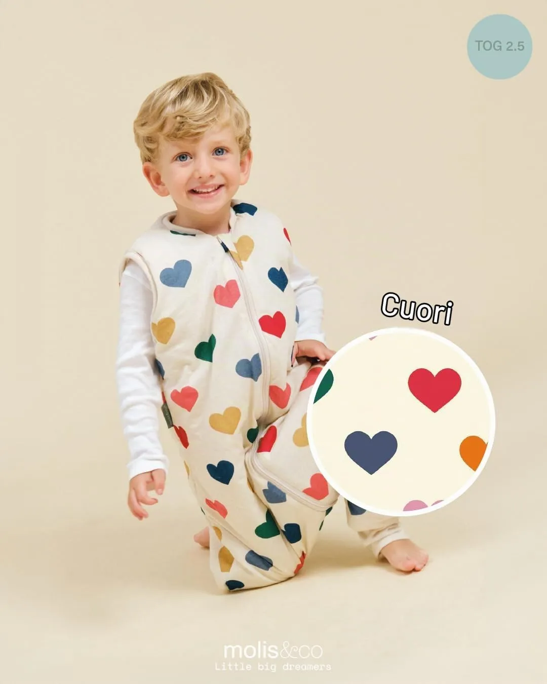 molis&co Sacco Nanna con Piedini Invernale 2.5 tog, 100% Cotone Oeko-Tex 100, Hearts, 3 Anni - immagine 4