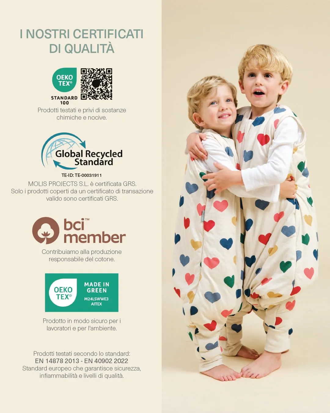 molis&co Sacco Nanna con Piedini Invernale 2.5 tog, 100% Cotone Oeko-Tex 100, Hearts, 3 Anni - immagine 7