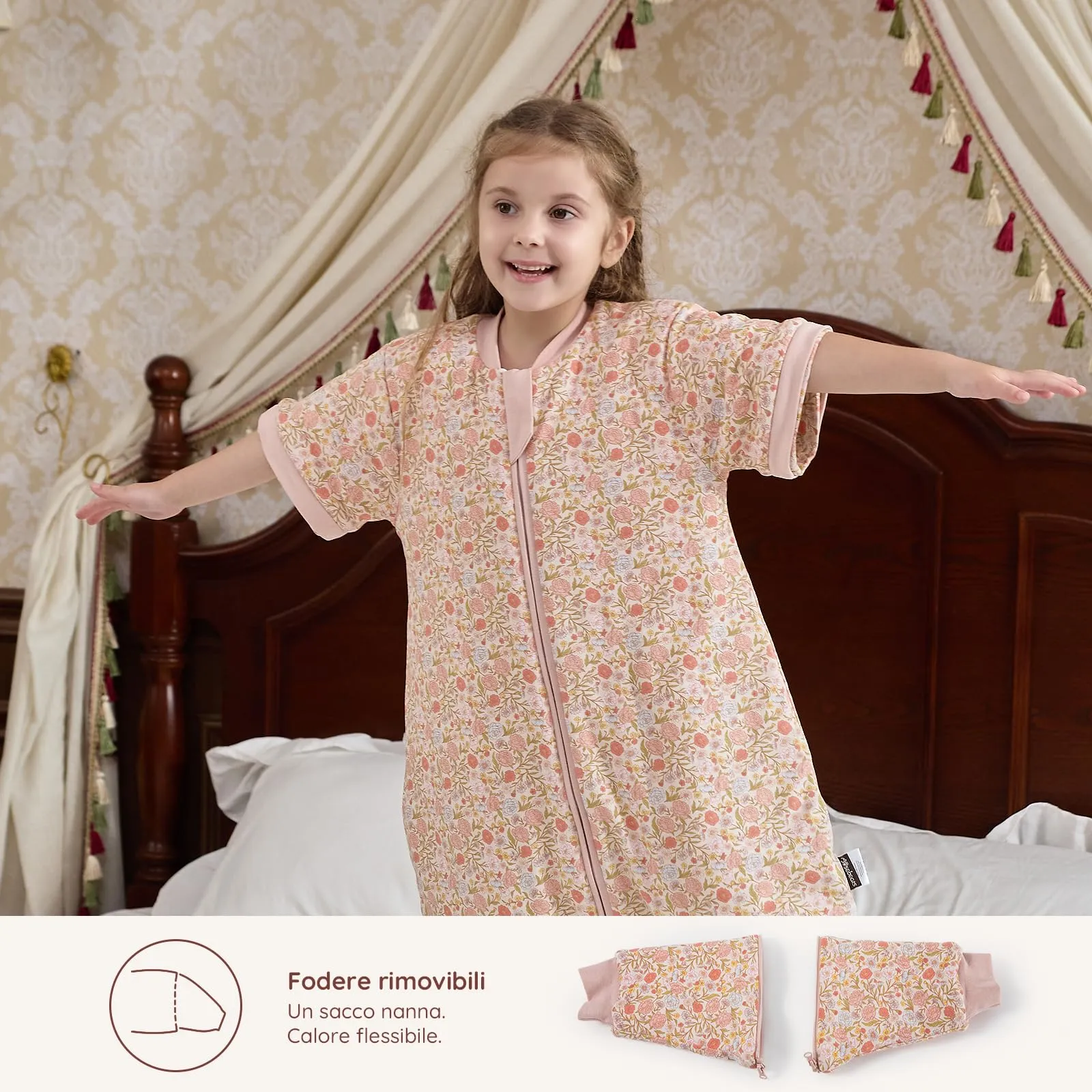Mosebears Sacco Nanna con Gambe 2.5 Tog per Bambino, Maniche Staccabili, Pink Flower, 3-4 anni - immagine 6