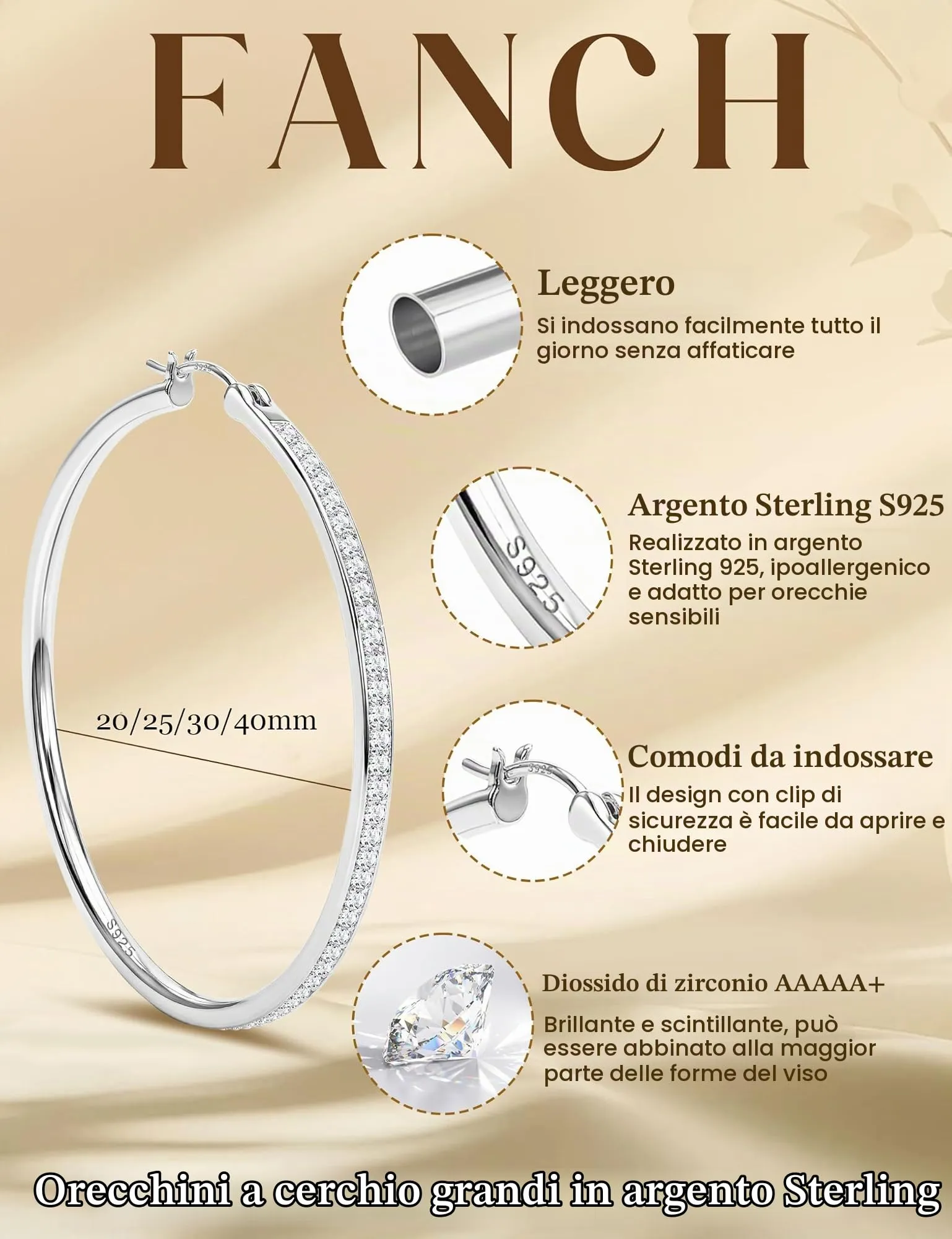 FANCH Orecchini a Cerchio in Argento 925, 25mm - immagine 2
