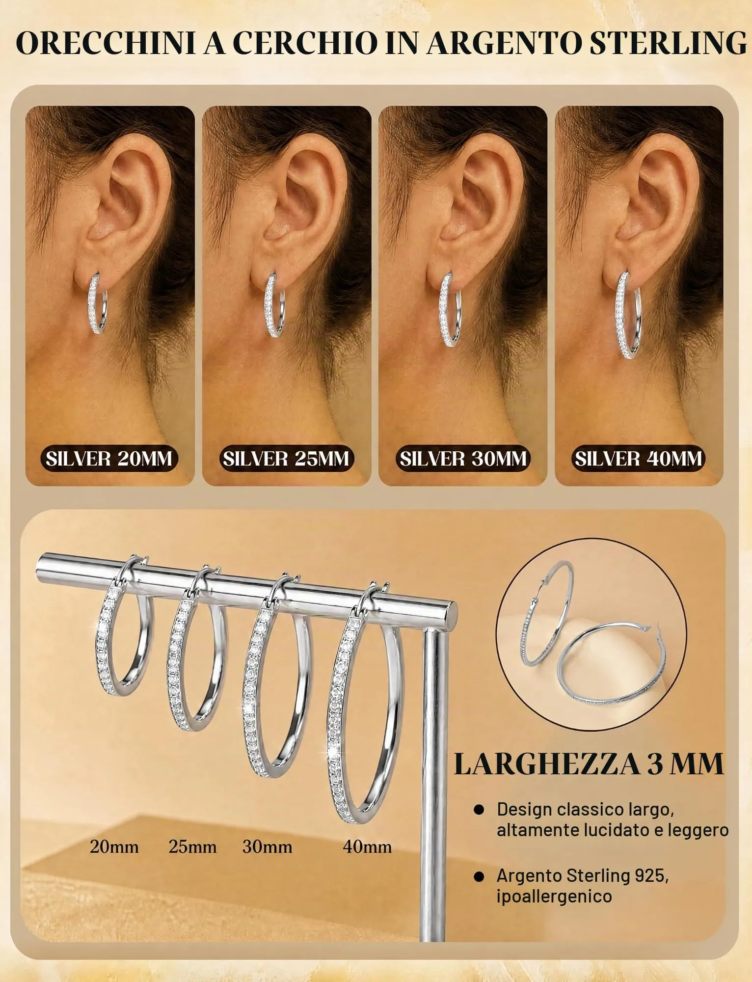 FANCH Orecchini a Cerchio in Argento 925 per Donne e Ragazze, Ipoallergenici, 30mm - immagine 3