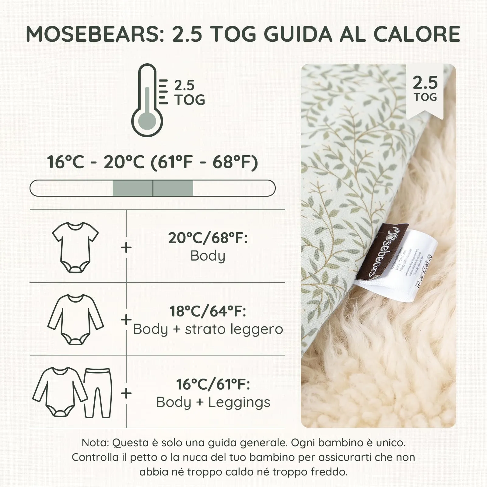Mosebears Sacco nanna 2.5 Tog per bambino con gambe e maniche staccabili, Green Leaf, 3-4 anni - immagine 4