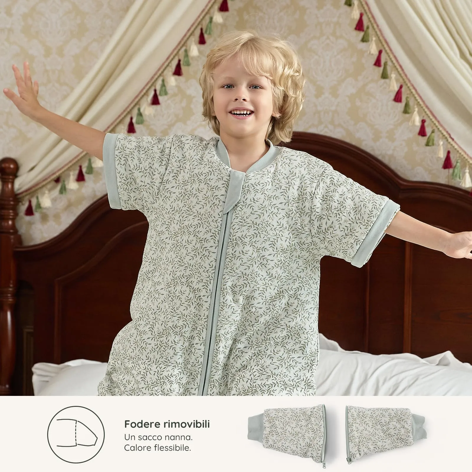Mosebears Sacco nanna 2.5 Tog per bambino con gambe e maniche staccabili, Green Leaf, 3-4 anni - immagine 6