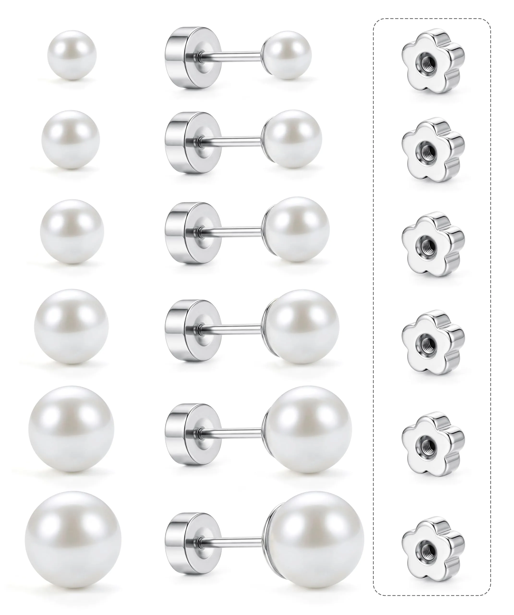 Roheafer Set 6 Paia Orecchini Perle Donna, Acciaio Chirurgico Ipoallergenico, 3mm-8mm - immagine 1