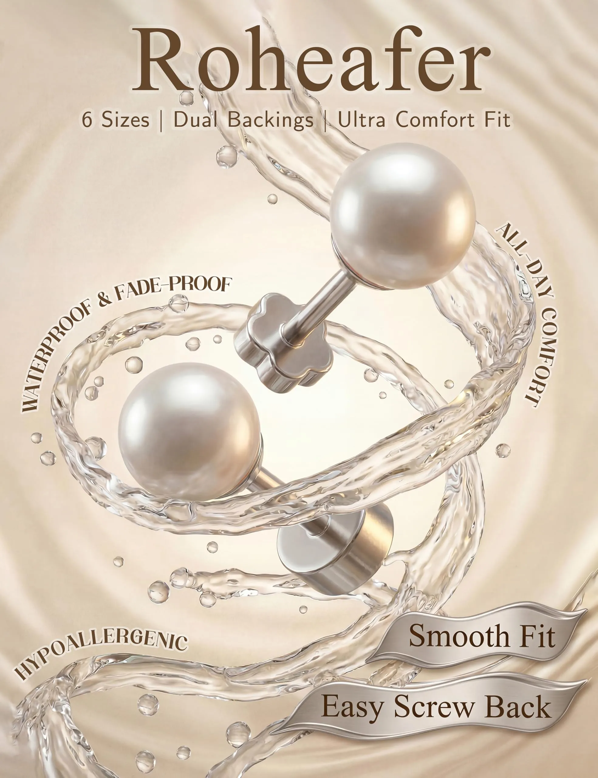 Roheafer Set 6 Paia Orecchini Perle Donna, Acciaio Chirurgico Ipoallergenico, 3mm-8mm - immagine 5