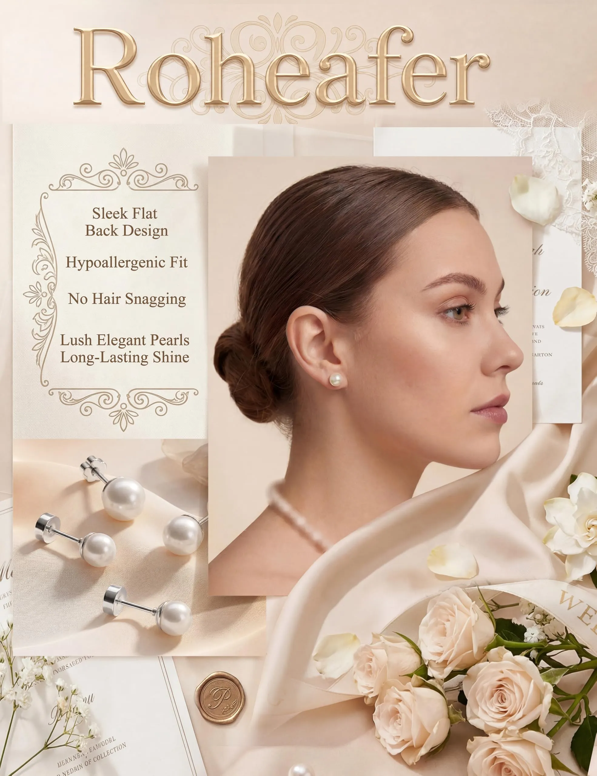 Roheafer Set 6 Paia Orecchini Perle Donna, Acciaio Chirurgico Ipoallergenico, 3mm-8mm - immagine 6