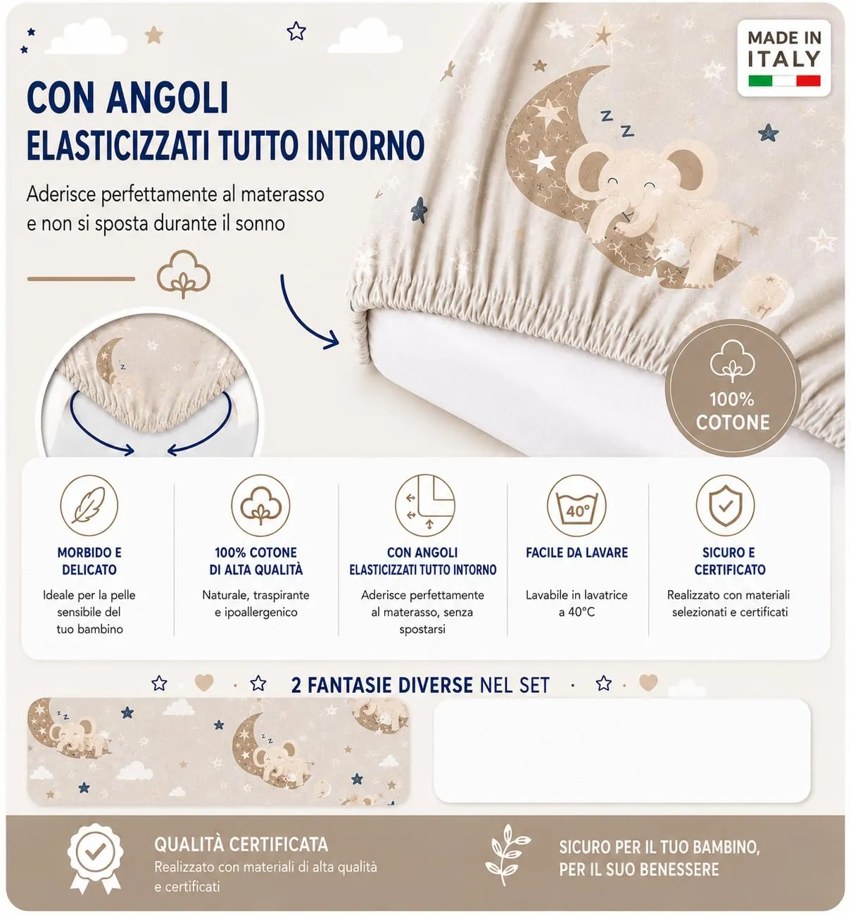 FlyIdeas Set 2 Lenzuola con Angoli 100% Cotone per Materassi Culle, GoodNight Tortora, 120x60 cm - immagine 7