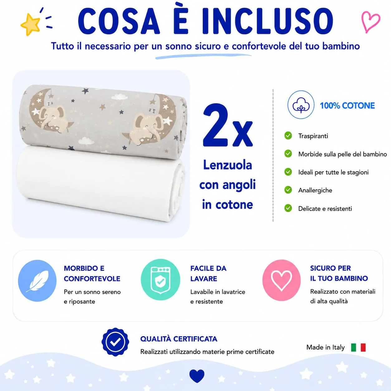 FlyIdeas Set di 2 Lenzuola con Angoli in Cotone per Culle, GoodNight Tortora, 140x70 cm - immagine 3