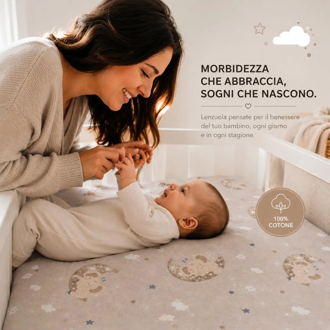 FlyIdeas Set 2 Lenzuola con Angoli 100% Cotone per Culla, GoodNight Tortora, 160x80 cm - immagine 4