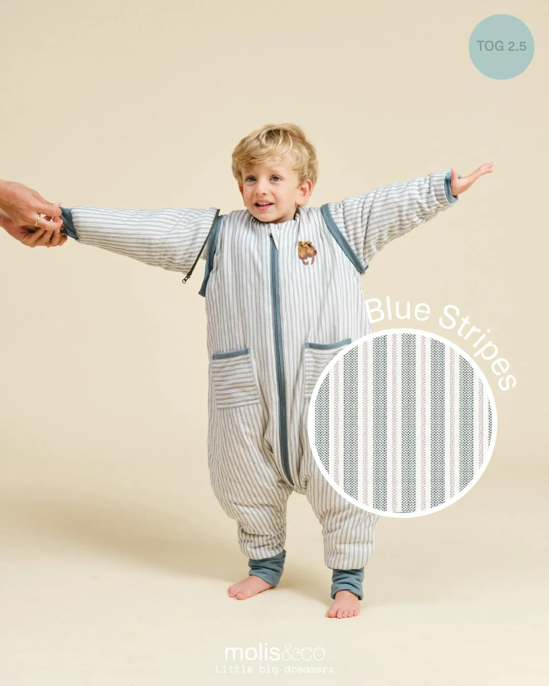 molis & co Sacco Nanna con piedini, maniche staccabili e calzini, 2.5 tog, 100% Cotone (Blue Stripes, 3 anni) - immagine 5