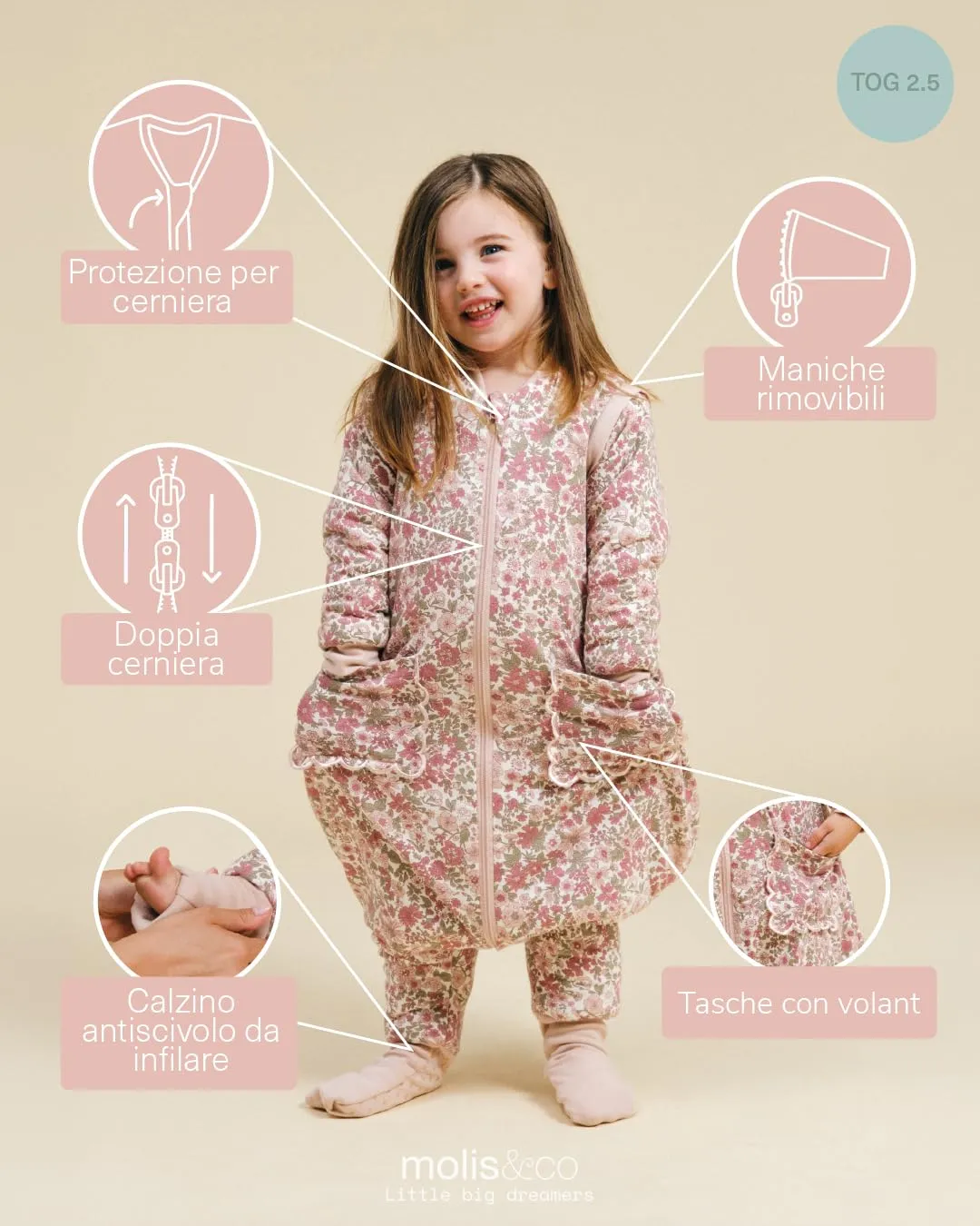 molis&co Sacco Nanna con piedini, maniche staccabili e calzini, 2.5 TOG, 100% Cotone (Winter Commelina, 2 anni) - immagine 4