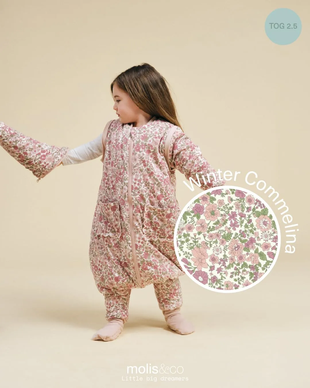molis&co Sacco Nanna con piedini, maniche staccabili e calzini, 2.5 TOG, 100% Cotone (Winter Commelina, 2 anni) - immagine 5