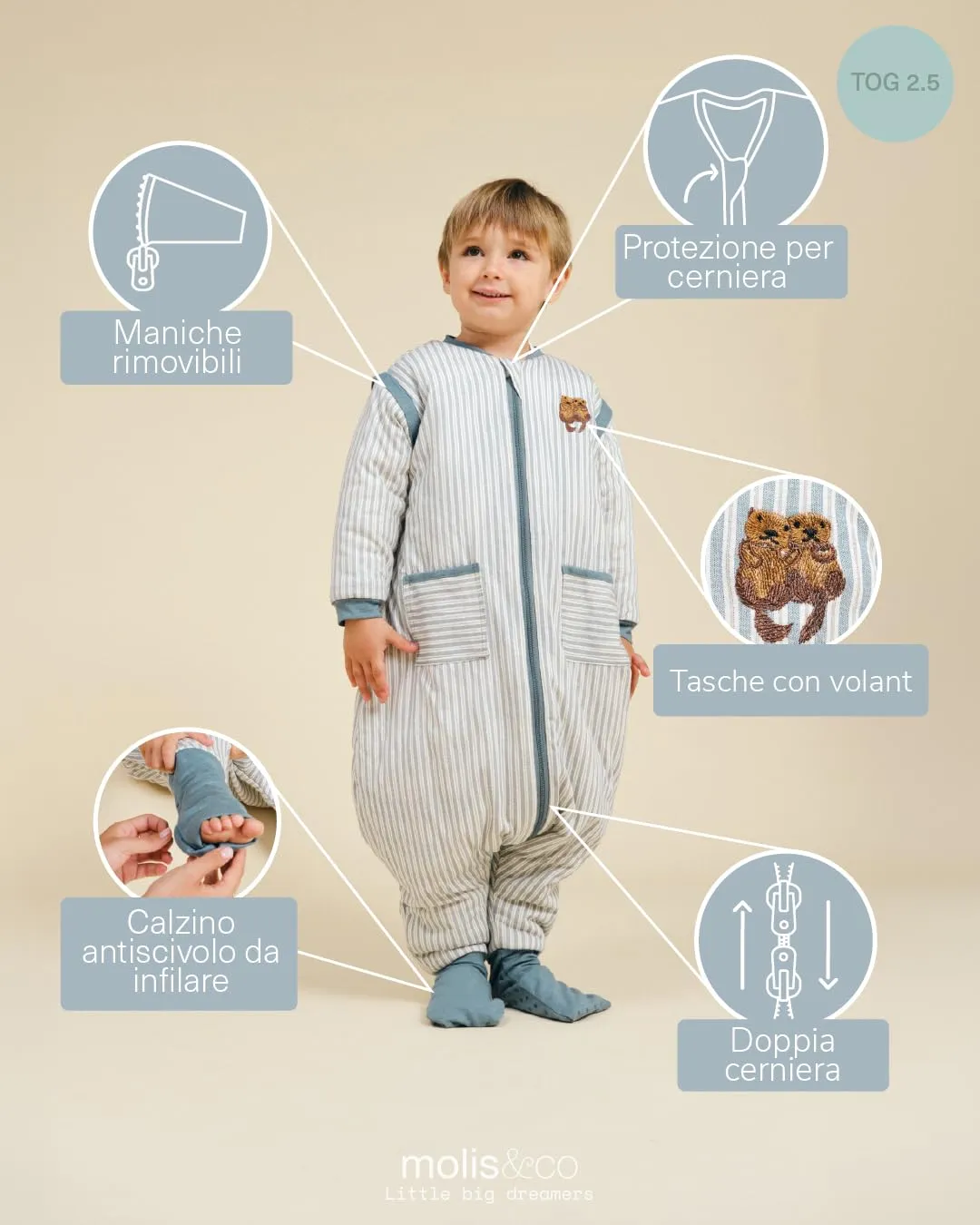 molis & co Sacco Nanna con piedini, maniche staccabili e calzini, 2.5 TOG, 100% Cotone Oeko-TEX 100, Blue Stripes, 2 anni - immagine 4