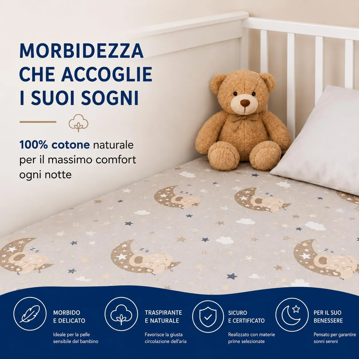 FlyIdeas Set 2 Lenzuola con Angoli per Culla Next to Me 50x83 cm, 100% Cotone, GoodNight Tortora - immagine 7
