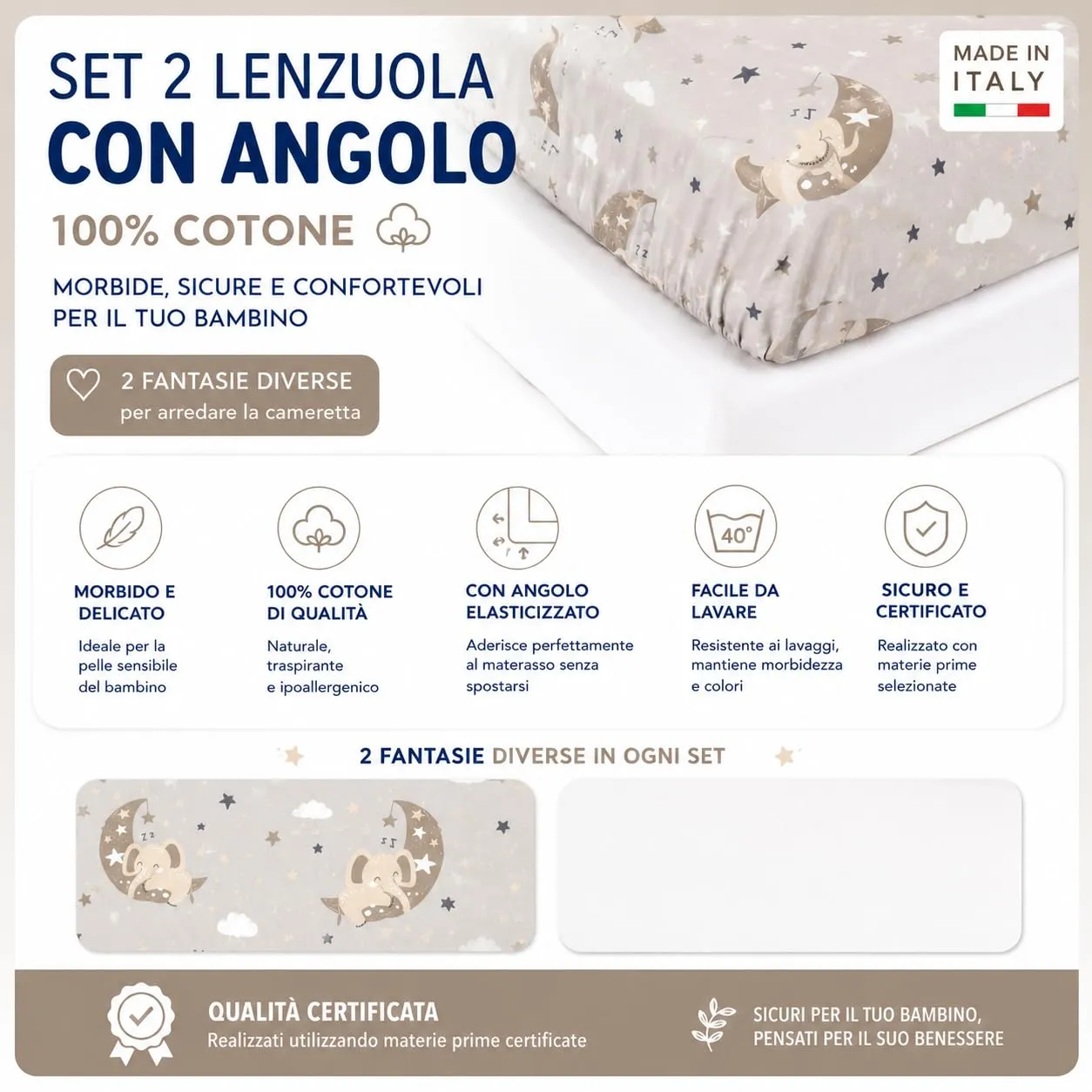 FlyIdeas Set 2 Lenzuola con Angoli per Culla Next to Me 50x83 cm, 100% Cotone, GoodNight Tortora - immagine 9