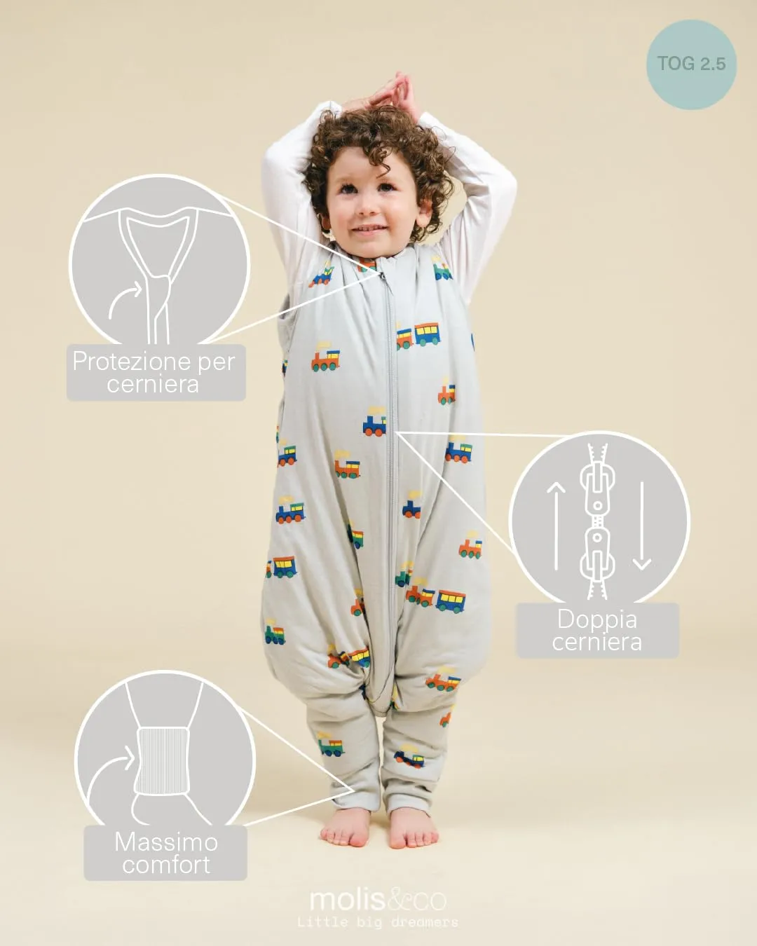 molis & co Sacco Nanna con piedini, maniche staccabili e calzini 2.5 TOG 100% Cotone Oeko-TEX 100 (Tiny Trains, 1 anno) - immagine 3