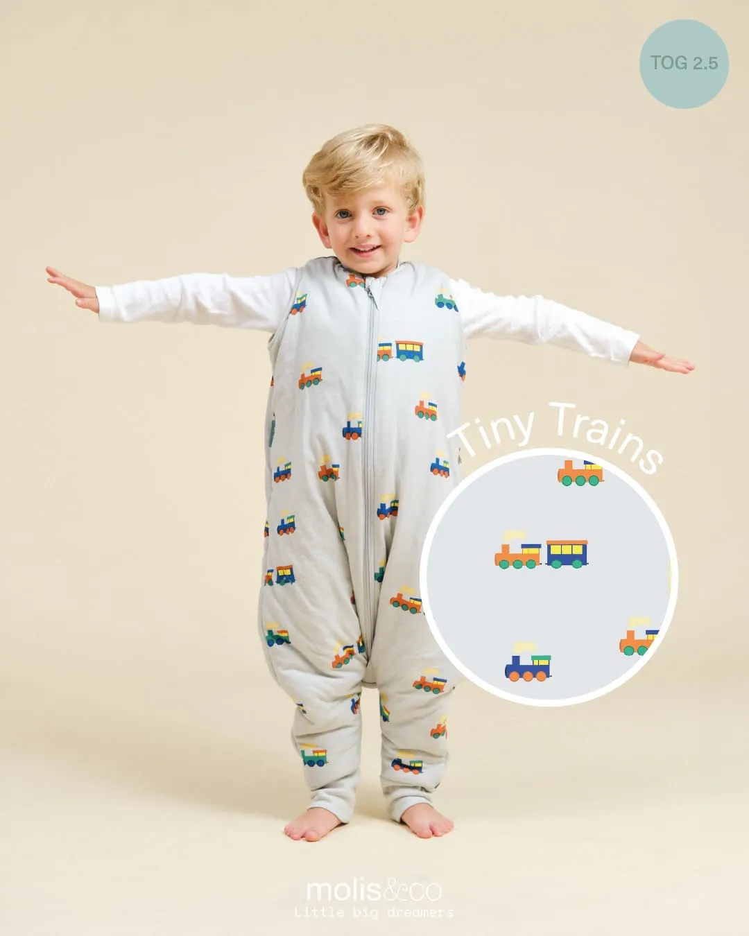 molis&co Sacco Nanna con piedini, maniche staccabili e calzini, 2.5 tog, 100% Cotone Oeko-TEX 100, Tiny Trains, 2 anni - immagine 4
