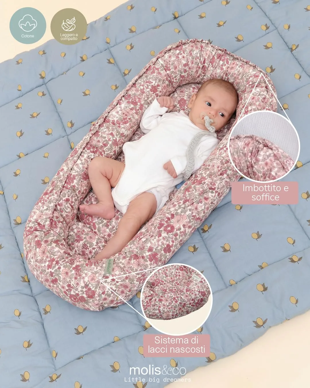 molis&co Nido per bebè 90 x 50 cm Riduttore per culla e Co-sleeping Nest in Cotone OEKO-TEX 100 (Winter Commelina) - immagine 3