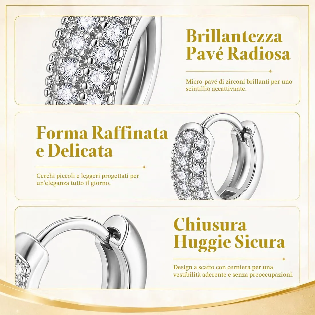 YKTOZU Orecchini a Cerchio per Uomo in Argento Oro Placcato e Zirconi Cubici Anallergici - immagine 3