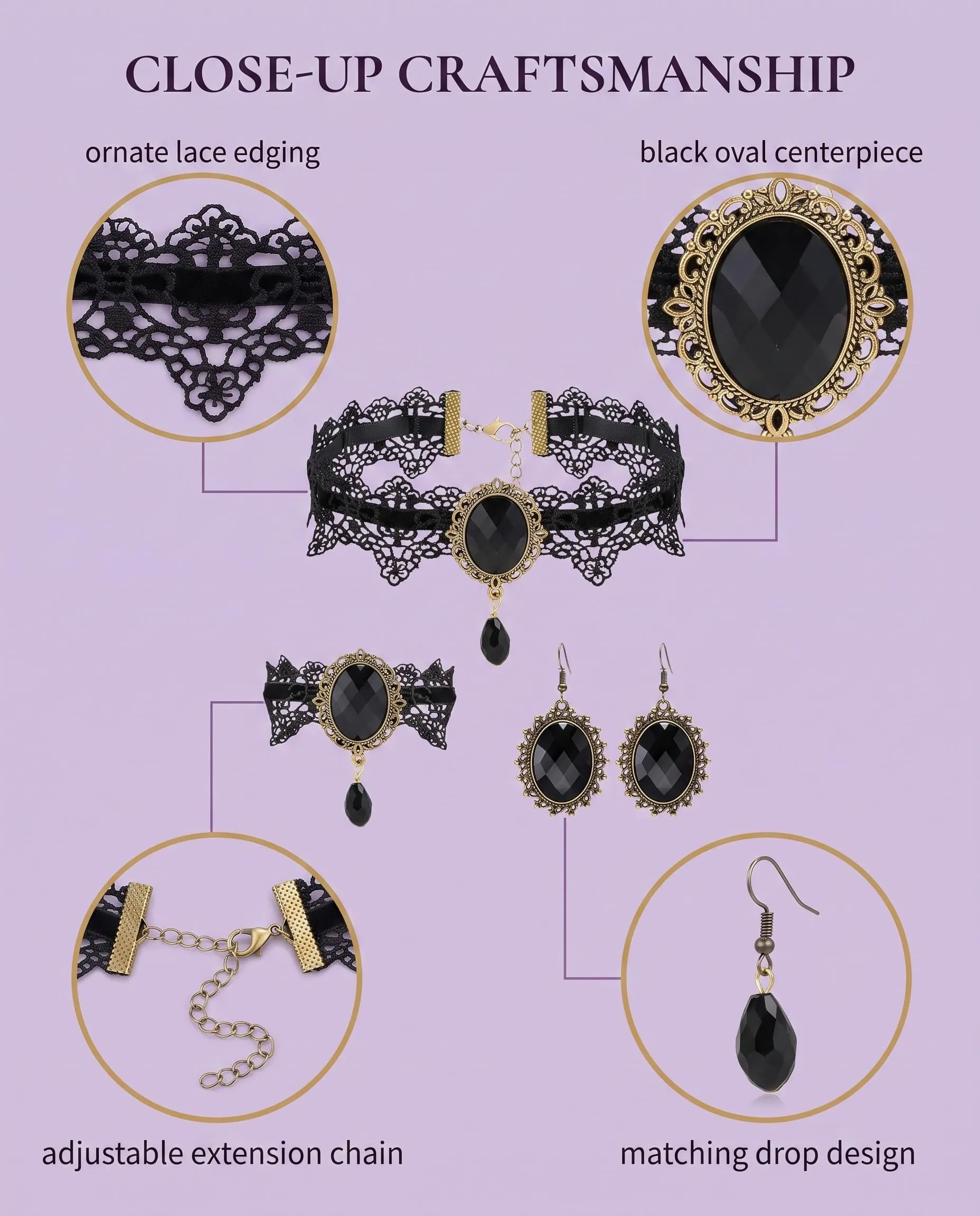 LEPJOS Set di Gioielli Gotici con Collana Choker, Orecchini e Bracciale per Donna - immagine 3