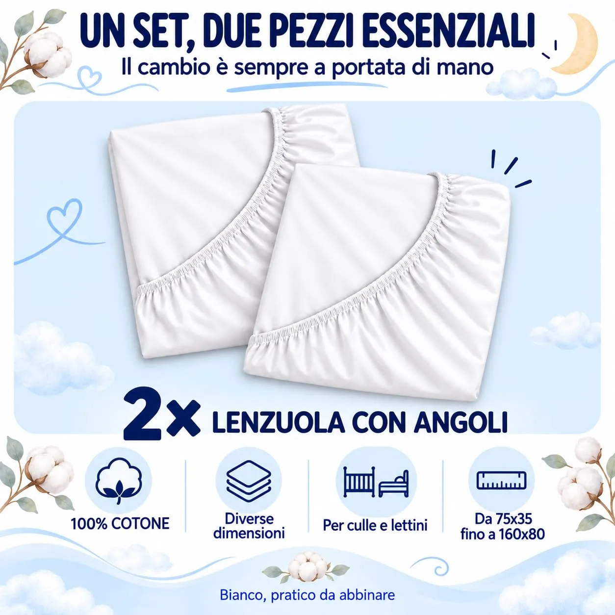 FlyIdeas Set 2 Lenzuola Lettino 140x70 cm Bianco 100% Cotone - immagine 2