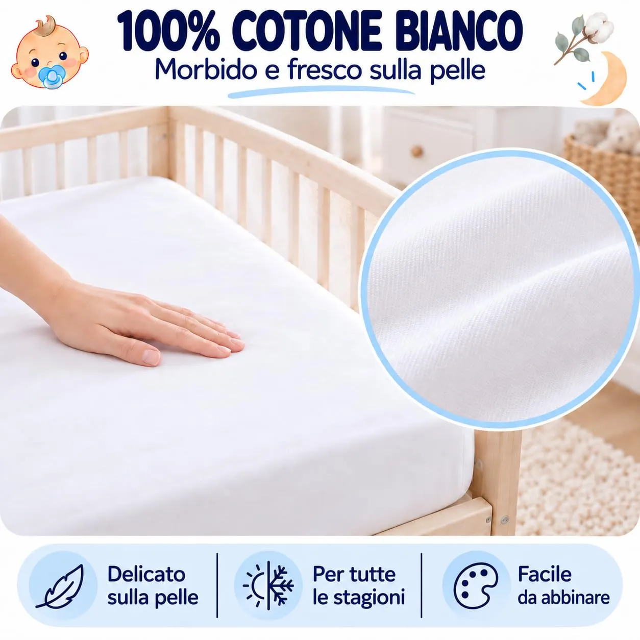 FlyIdeas Set 2 Lenzuola Culla 83x50 cm Bianco, 100% Cotone - immagine 8