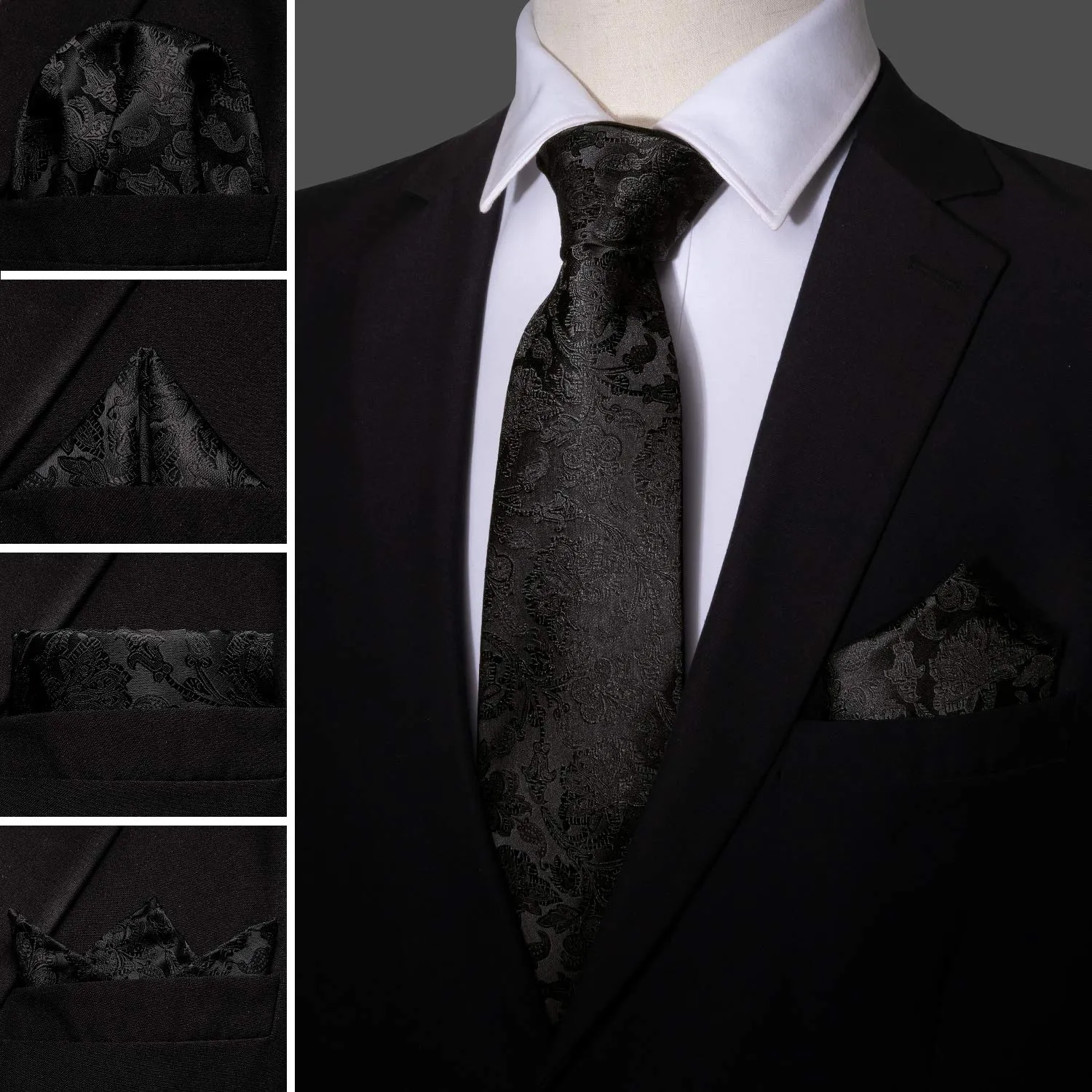 Barry.Wang Set Formale da Uomo con Gilet, Cravatta, Fazzoletto, Gemelli e Fermacravatta - Nero 3XL - immagine 5