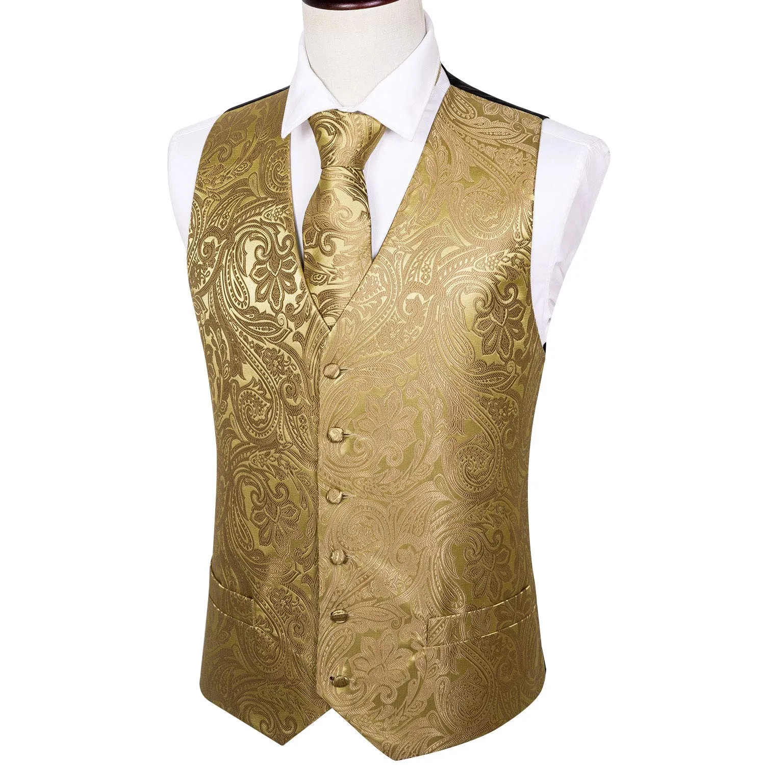 Barry.Wang Set Formale da Uomo 5 Pezzi con Gilet, Cravatta, Fazzoletto, Gemelli e Fermacravatta - Paisley Oro S - immagine 2