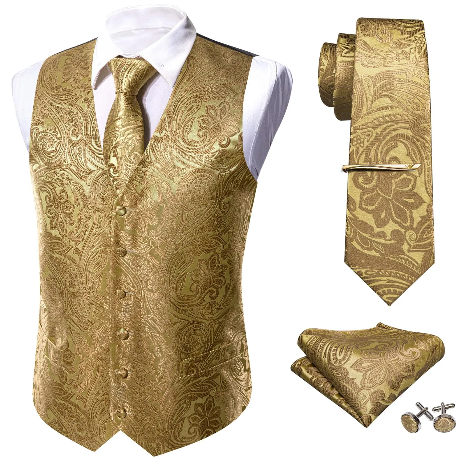 Barry.Wang Set Formale da Uomo 5 Pezzi con Gilet, Cravatta, Fazzoletto, Gemelli e Fermacravatta - Oro, XL - immagine 1