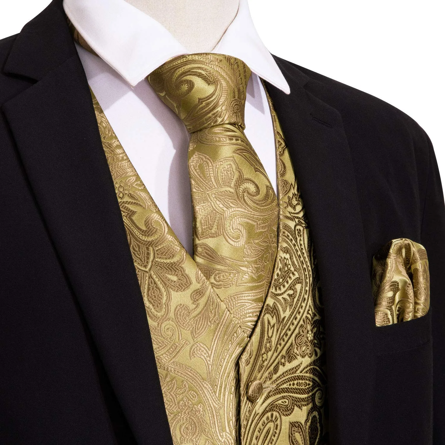 Barry.Wang Set Formale da Uomo 5 Pezzi con Gilet, Cravatta, Fazzoletto, Gemelli e Fermacravatta - Oro, XL - immagine 4