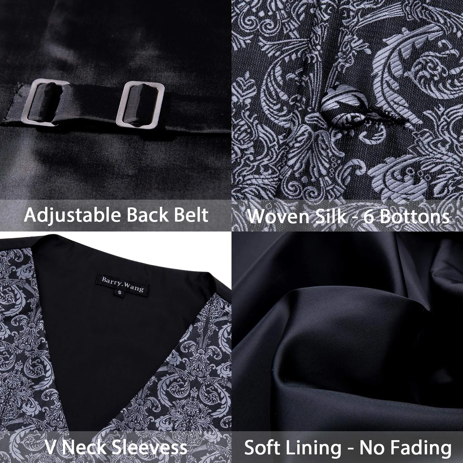 Barry.Wang Set Formale da Uomo 5 Pezzi con Gilet, Cravatta, Fazzoletto, Gemelli e Fermacravatta - Nero e Grigio - M - immagine 3