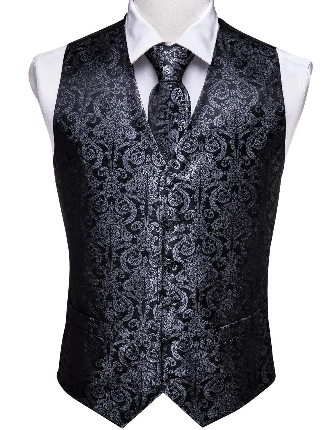 Barry.Wang Set Formale da Uomo 5 Pezzi con Gilet, Cravatta, Fazzoletto, Gemelli e Fermacravatta - Nero e Grigio - M - immagine 4