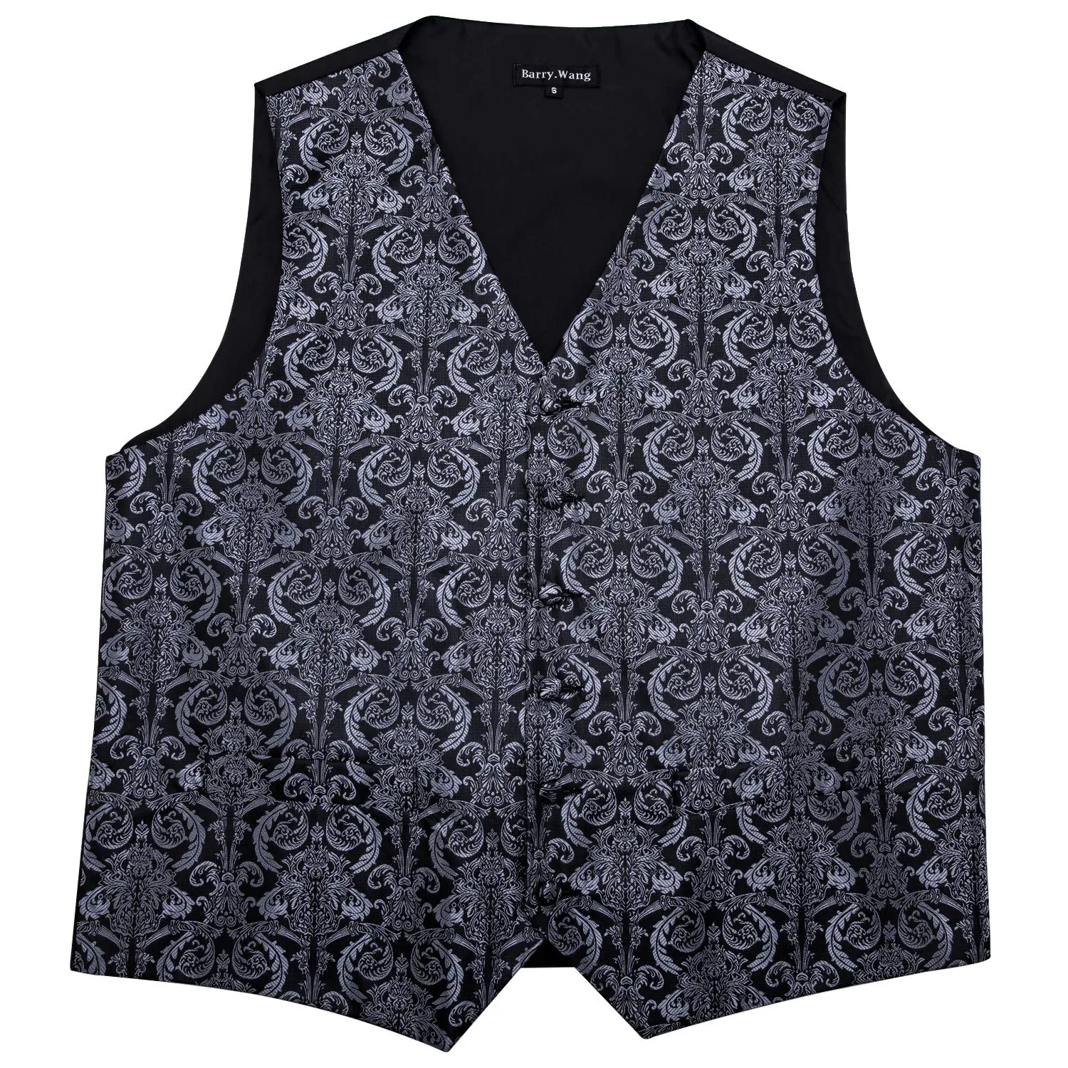 Barry.Wang Set Formale da Uomo 5 Pezzi con Gilet, Cravatta, Fazzoletto, Gemelli e Fermacravatta - Nero e Grigio - M - immagine 7