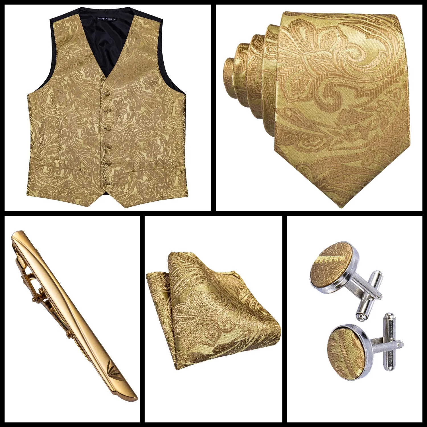 Barry.Wang Set Formale da Uomo Paisley 5 Pezzi con Gilet, Cravatta, Fazzoletto, Gemelli e Fermacravatta - Oro XXL - immagine 5