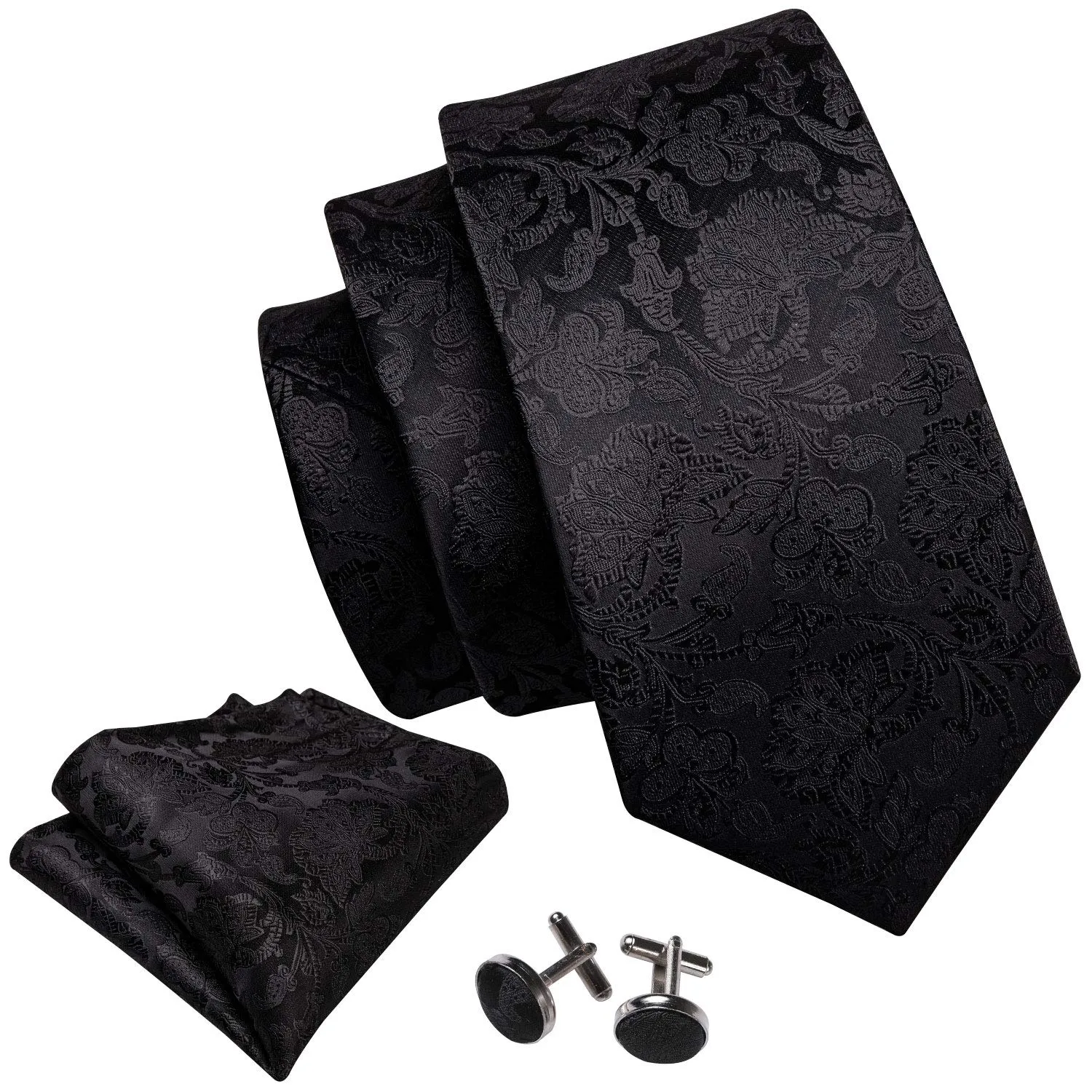 Barry.Wang Set Formale da Uomo 5 Pezzi con Cravatta, Fazzoletto e Gemelli - Nero, M - immagine 2