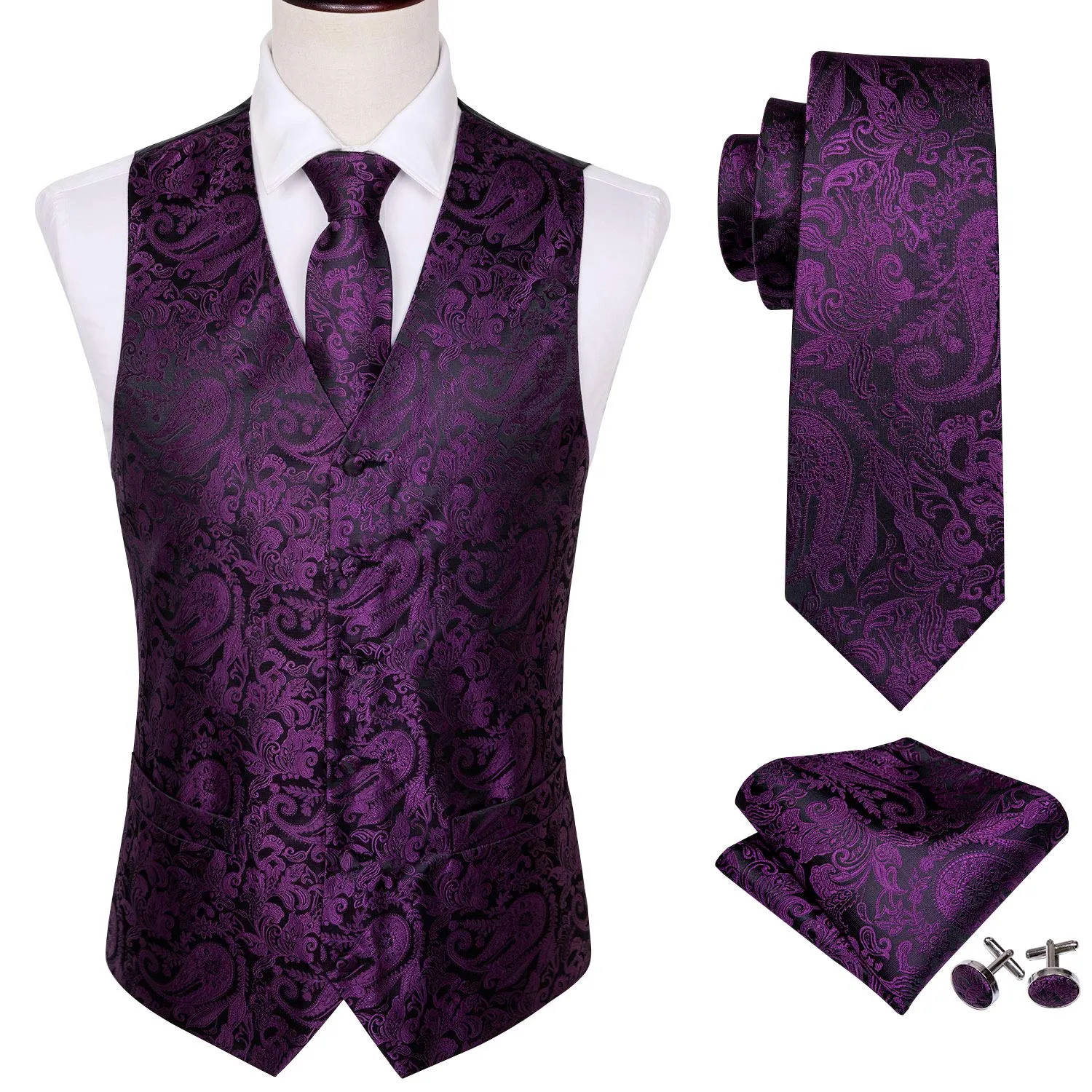 Barry.Wang Set Gilet da Uomo Formale 5 Pezzi con Cravatta, Fazzoletto, Gemelli e Fermacravatta, Paisley, Viola Scuro, S - immagine 2