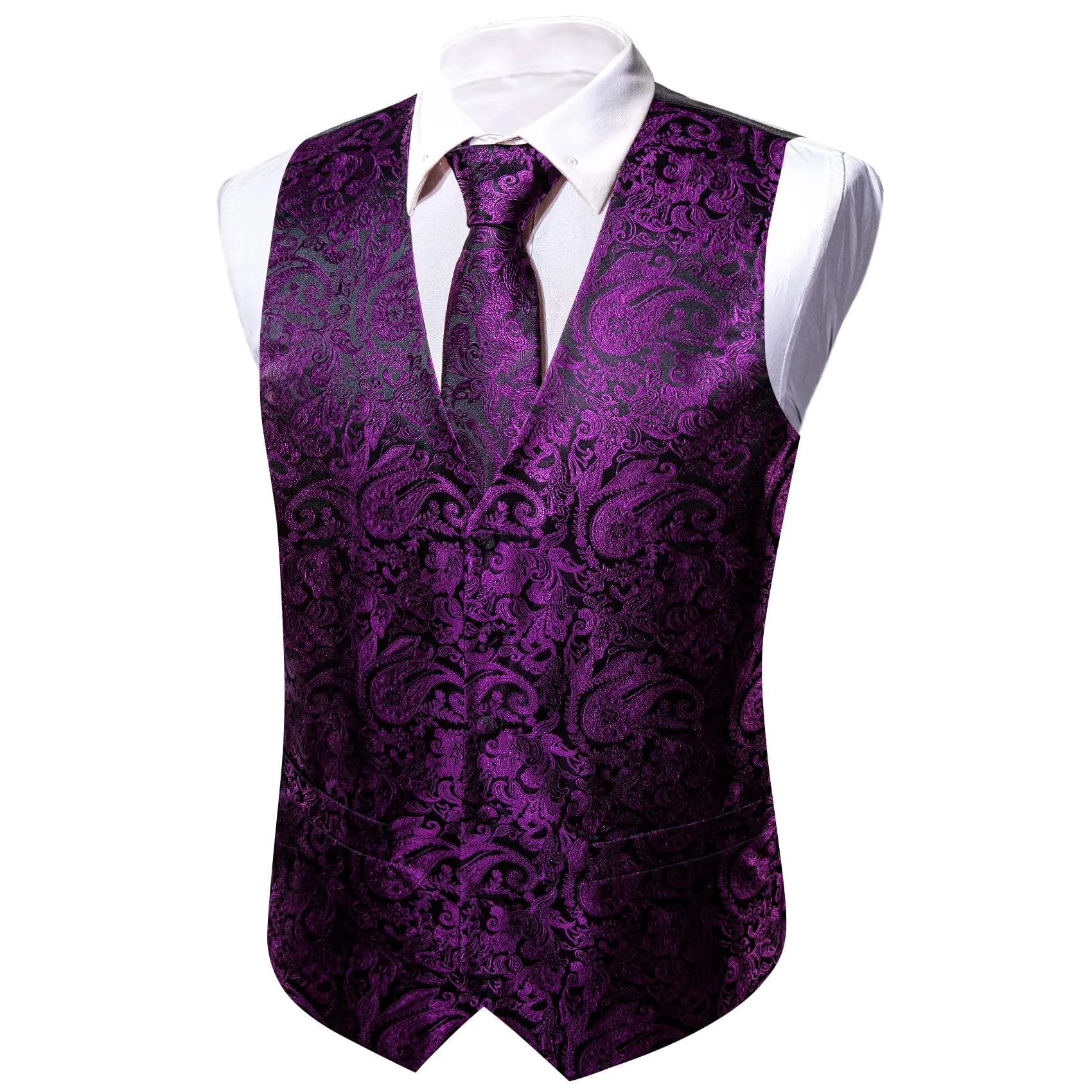 Barry.Wang Set Gilet da Uomo Formale 5 Pezzi con Cravatta, Fazzoletto, Gemelli e Fermacravatta, Paisley, Viola Scuro, S - immagine 3