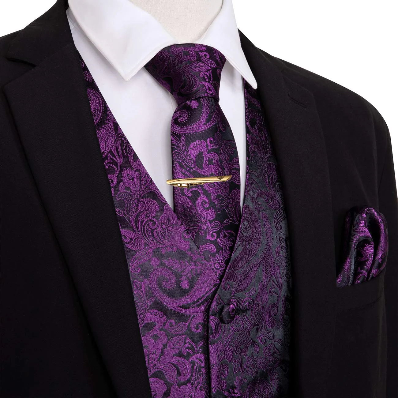 Barry.Wang Set Gilet da Uomo Formale 5 Pezzi con Cravatta, Fazzoletto, Gemelli e Fermacravatta, Paisley, Viola Scuro, S - immagine 4