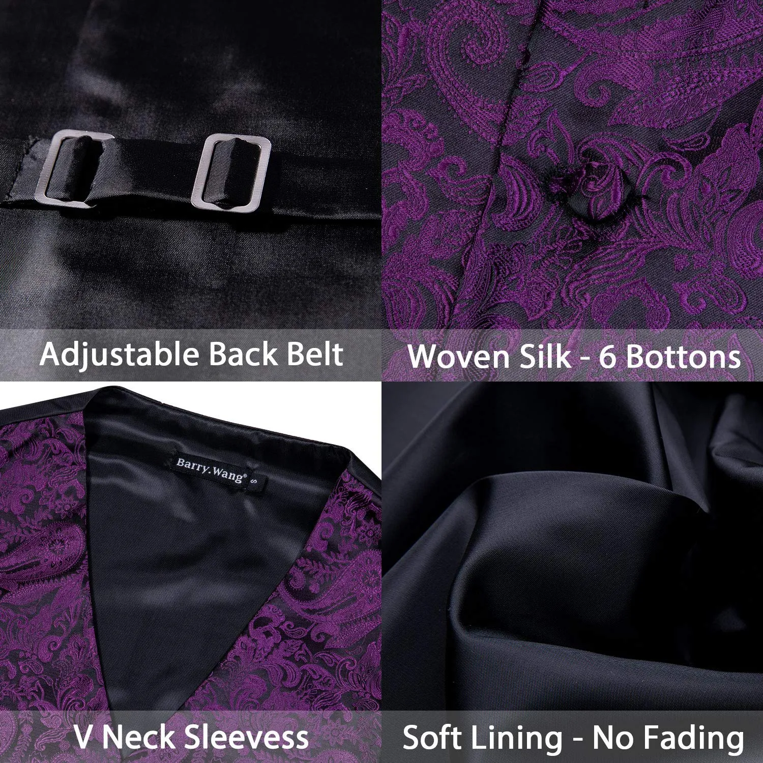 Barry.Wang Set Gilet da Uomo Formale 5 Pezzi con Cravatta, Fazzoletto, Gemelli e Fermacravatta, Paisley, Viola Scuro, S - immagine 5