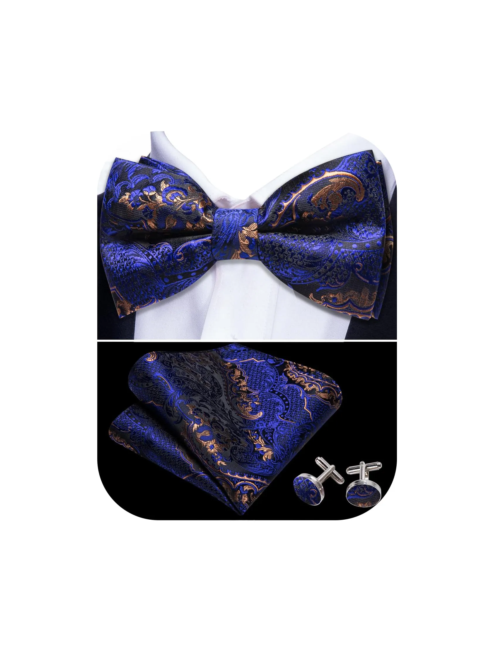 Barry.Wang Set papillon in seta, fazzoletto da taschino e gemelli - Fiore blu - immagine 1