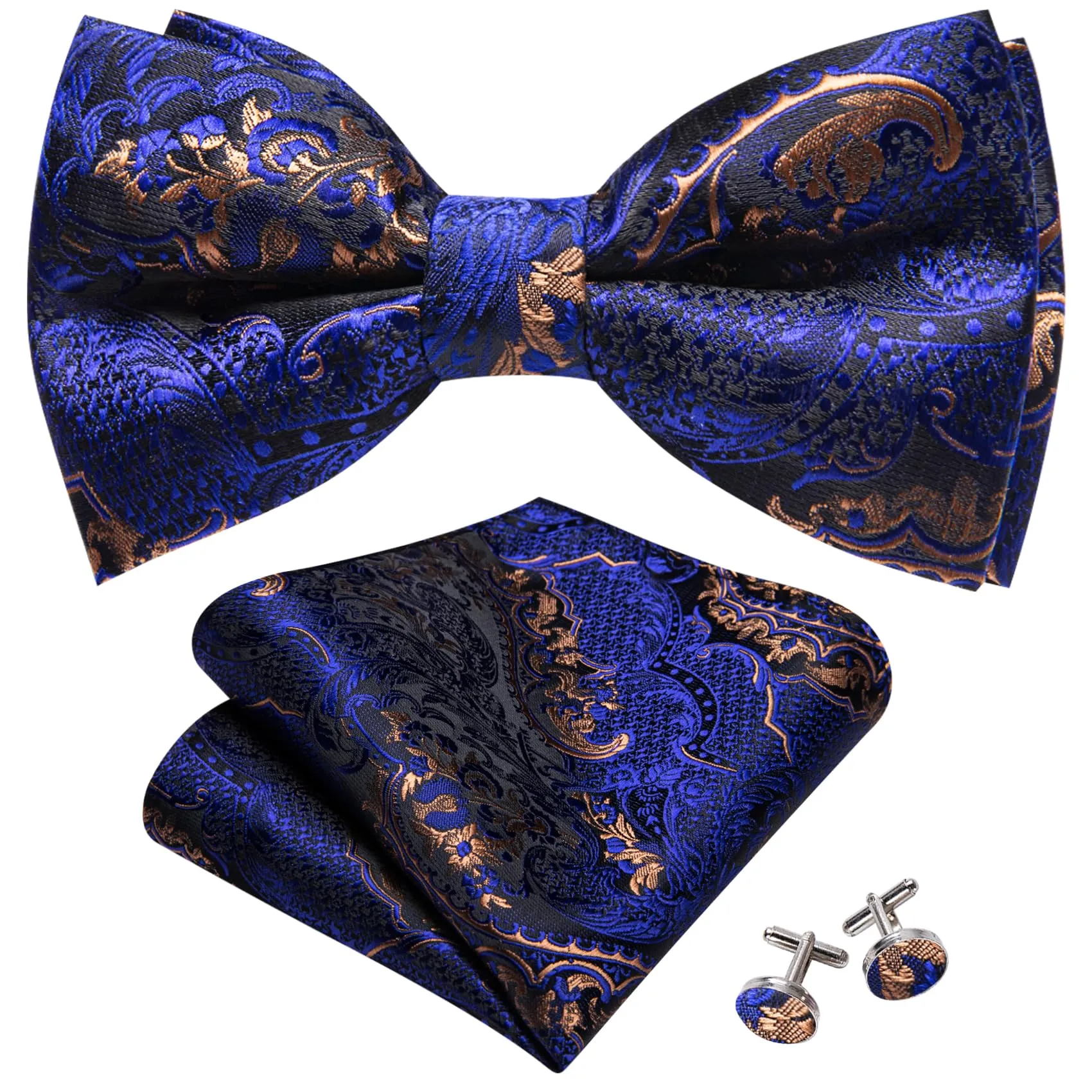 Barry.Wang Set papillon in seta, fazzoletto da taschino e gemelli - Fiore blu - immagine 2