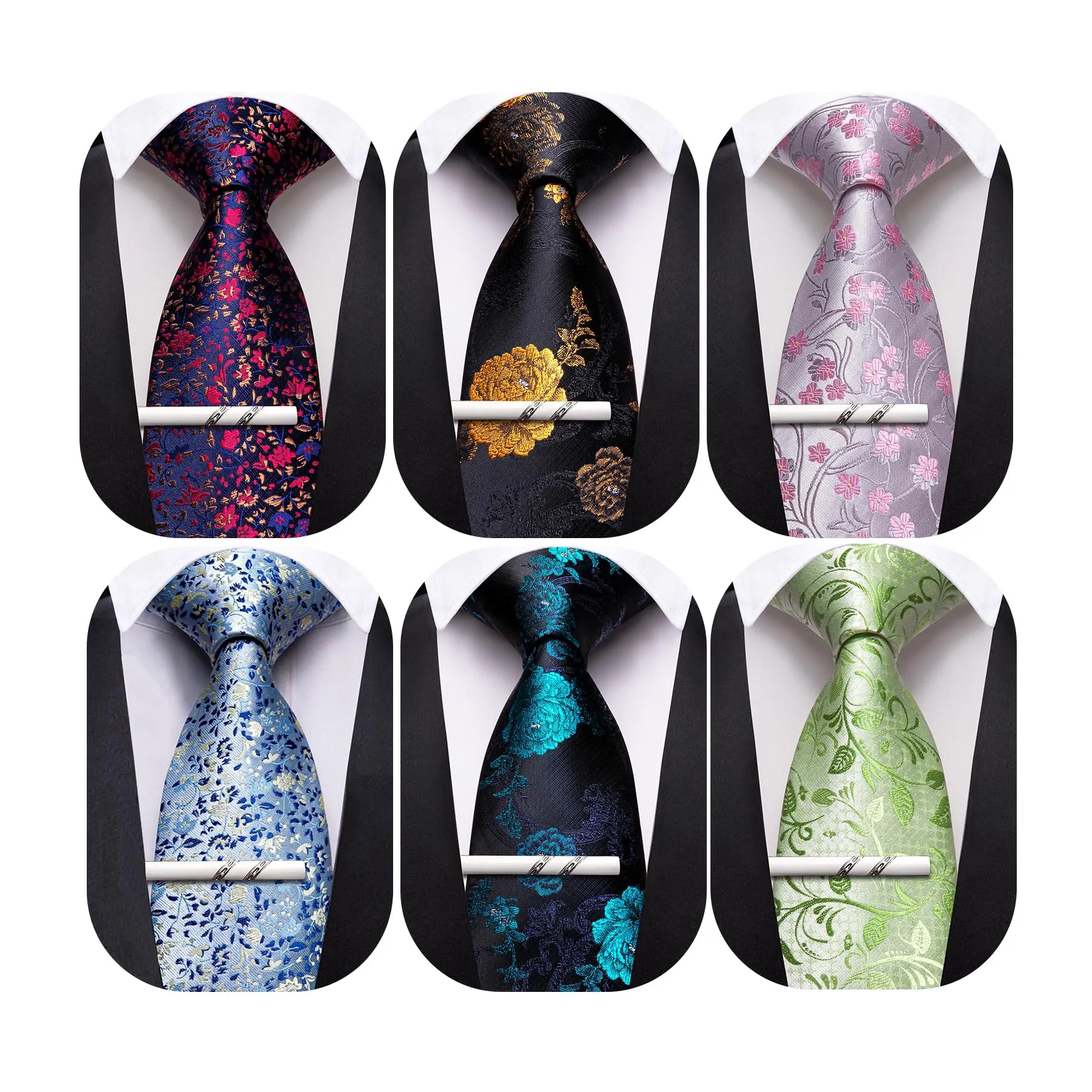 Barry.Wang Cravatte da uomo in seta a righe, cachemire, quadri e floreali, 8,5 cm, Blu Nero Oro Rosa Verde Foglia - immagine 1