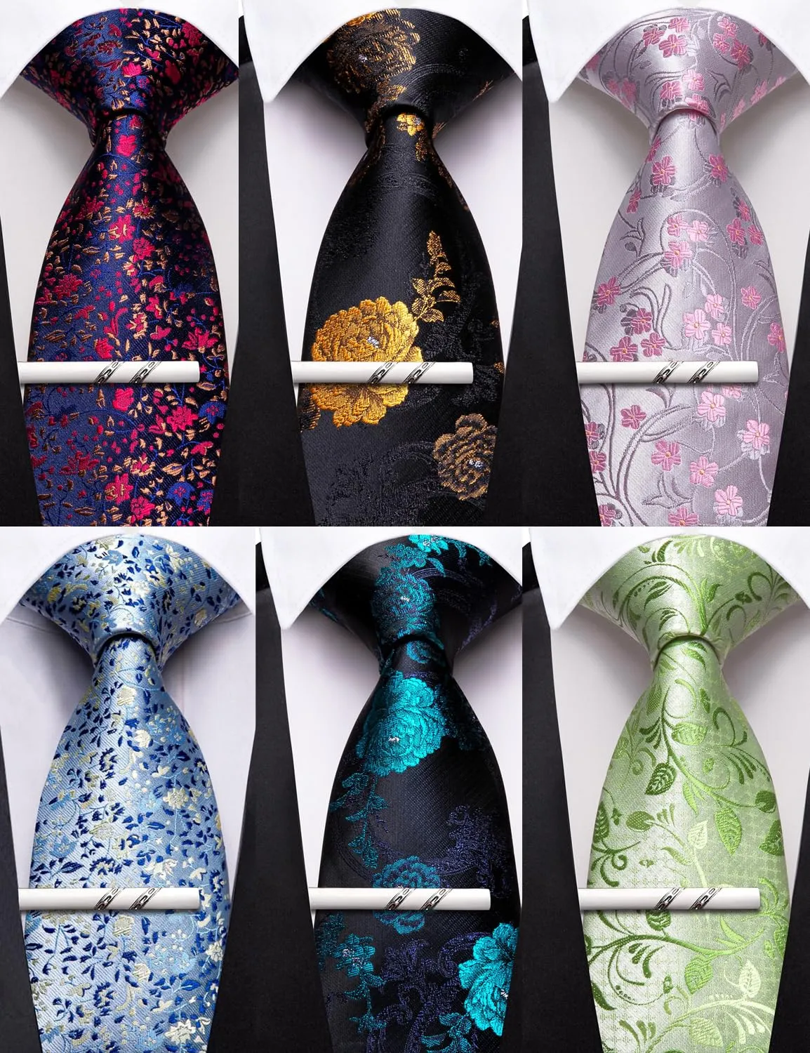 Barry.Wang Cravatte da uomo in seta a righe, cachemire, quadri e floreali, 8,5 cm, Blu Nero Oro Rosa Verde Foglia - immagine 3