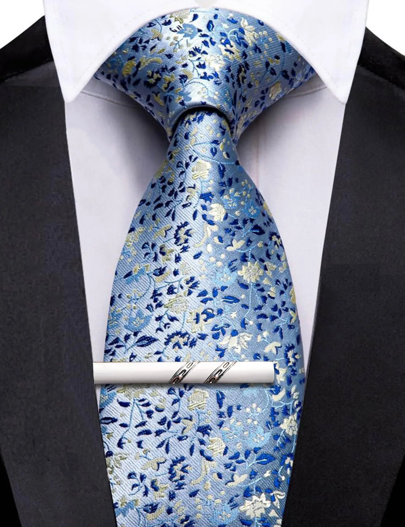 Barry.Wang Cravatte da uomo in seta a righe, cachemire, quadri e floreali, 8,5 cm, Blu Nero Oro Rosa Verde Foglia - immagine 4
