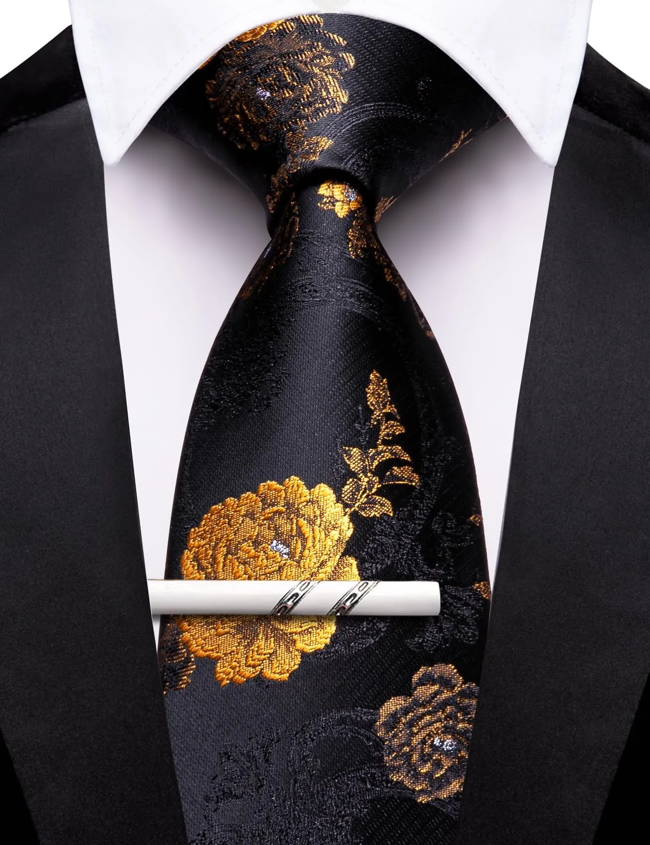 Barry.Wang Cravatte da uomo in seta a righe, cachemire, quadri e floreali, 8,5 cm, Blu Nero Oro Rosa Verde Foglia - immagine 5