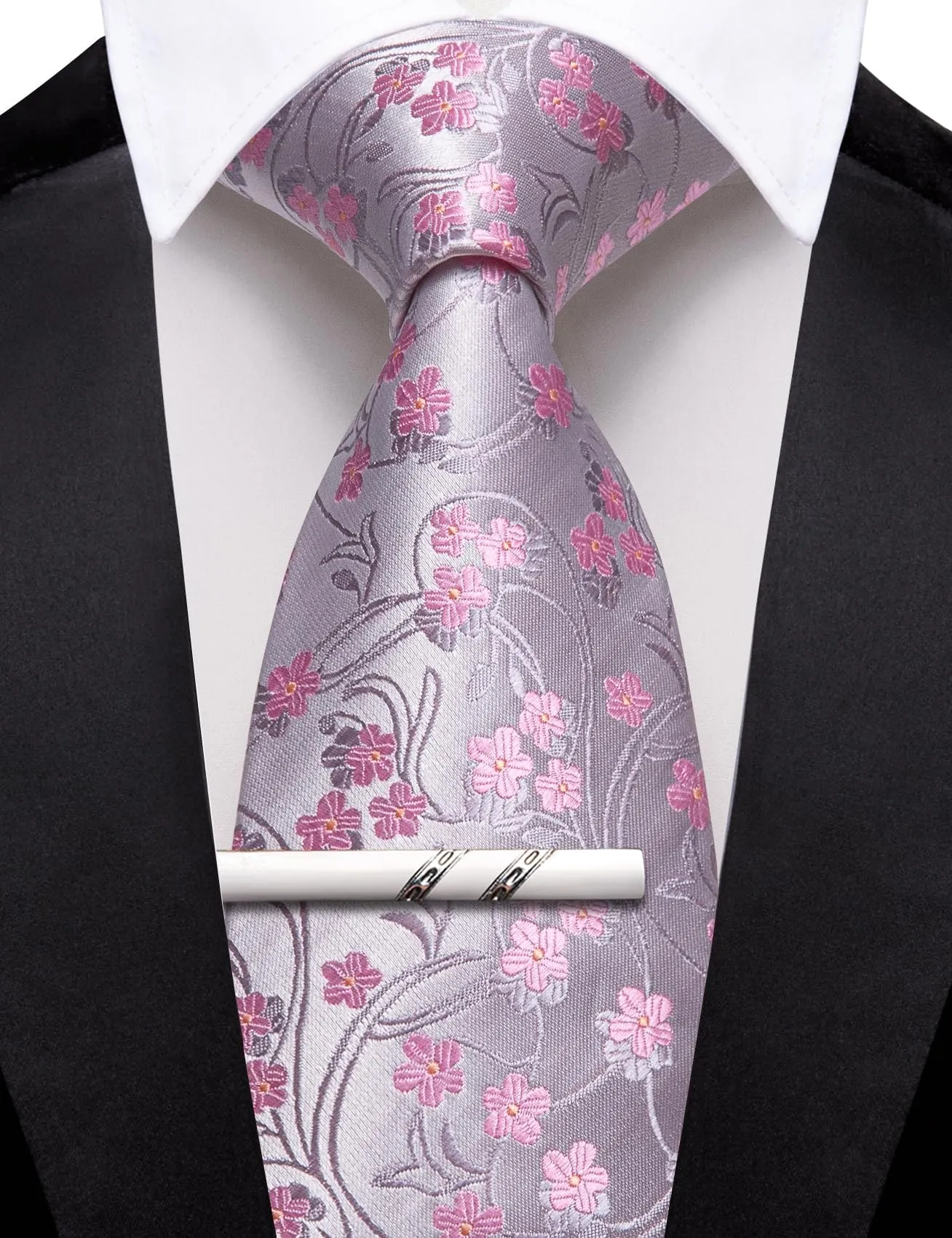 Barry.Wang Cravatte da uomo in seta a righe, cachemire, quadri e floreali, 8,5 cm, Blu Nero Oro Rosa Verde Foglia - immagine 7